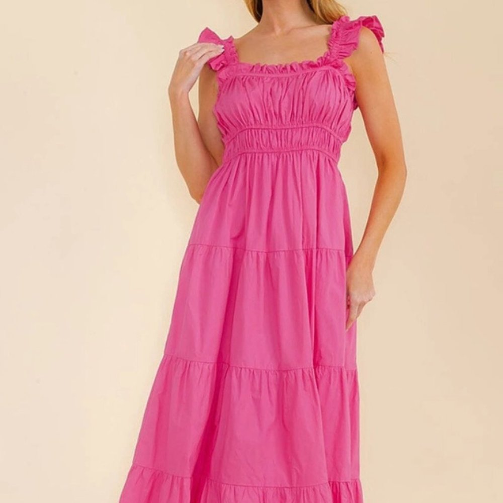 Solid Ruffle Sleeve Tiered Layered Maxi Dress